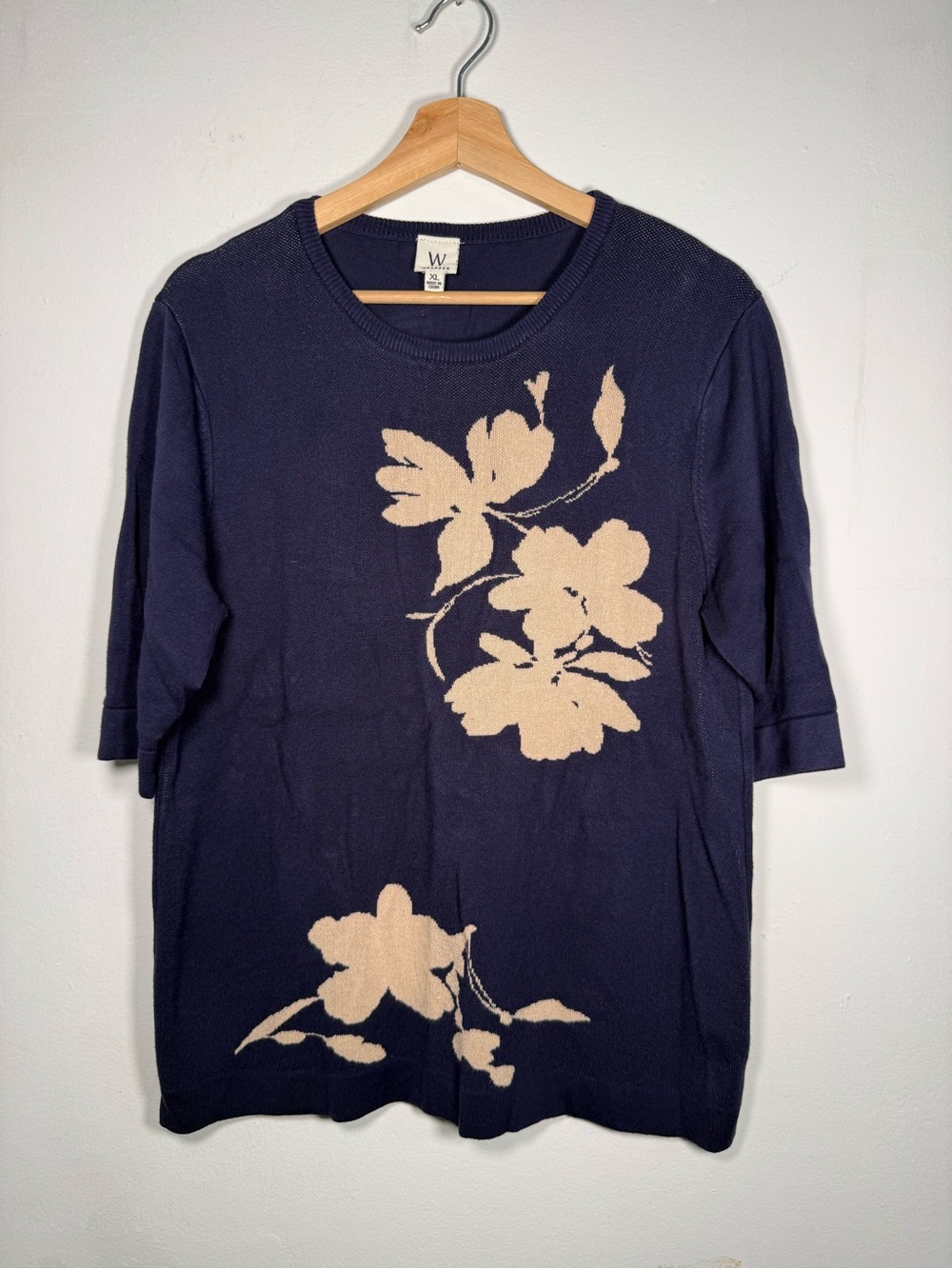 Wrapper Navy 3/4-Sleeve Knit Top with Cream Floral Motif